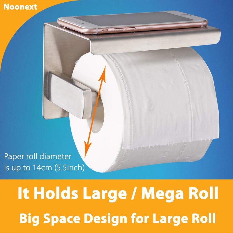 Noonext Adhesive Toilet Paper Holder with Shelf, Toilet Paper Roll Holder Wall Mounted, Fits Mega Roll, Stainless Steel Tissue Roll Dispenser Storage No Drilling (Brushed Nickel) - Image 4